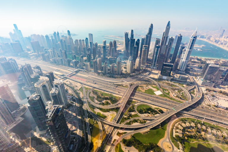 Dubai aerial view of marina skyscrapers at sunset